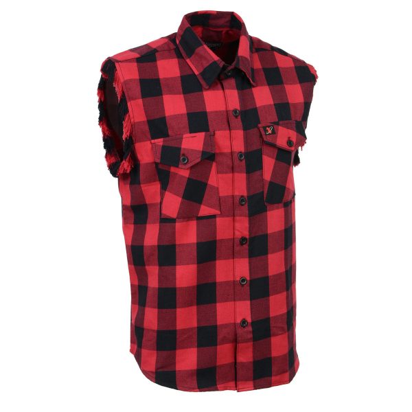 Milwaukee Leather MNG11692 Men’s Classic Black and Red Button-Down Flannel Cut Off Frayed Sleeveless Casual Shirt For Discount