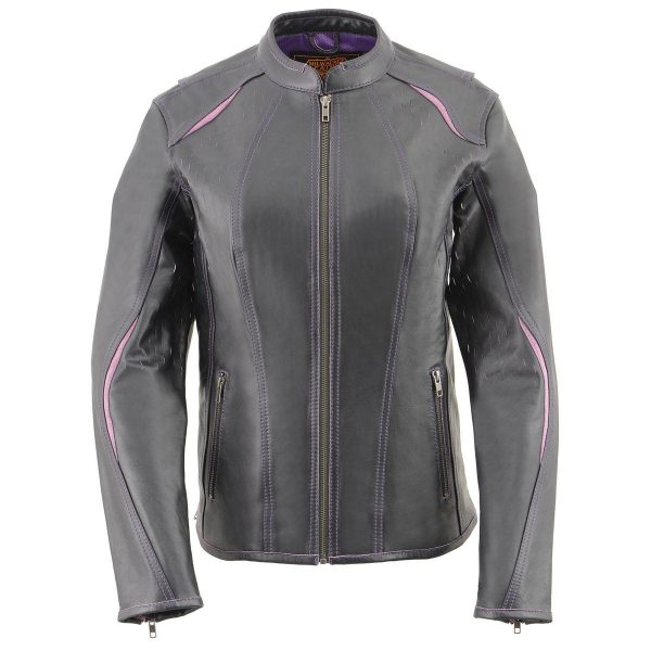 Milwaukee Leather MLL2502 Women s  Laser Cut  Distressed Black and Purple Scuba Style Racer Jacket Discount