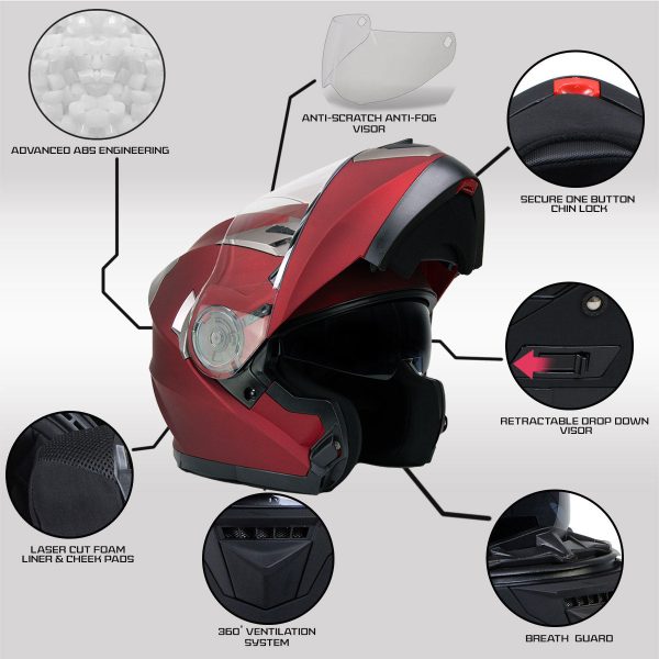 Milwaukee Helmets MPH9826DOT Ionized Flat Red Advanced Motorcycle Modular Helmet w  Drop Down Visor Online now - Image 2